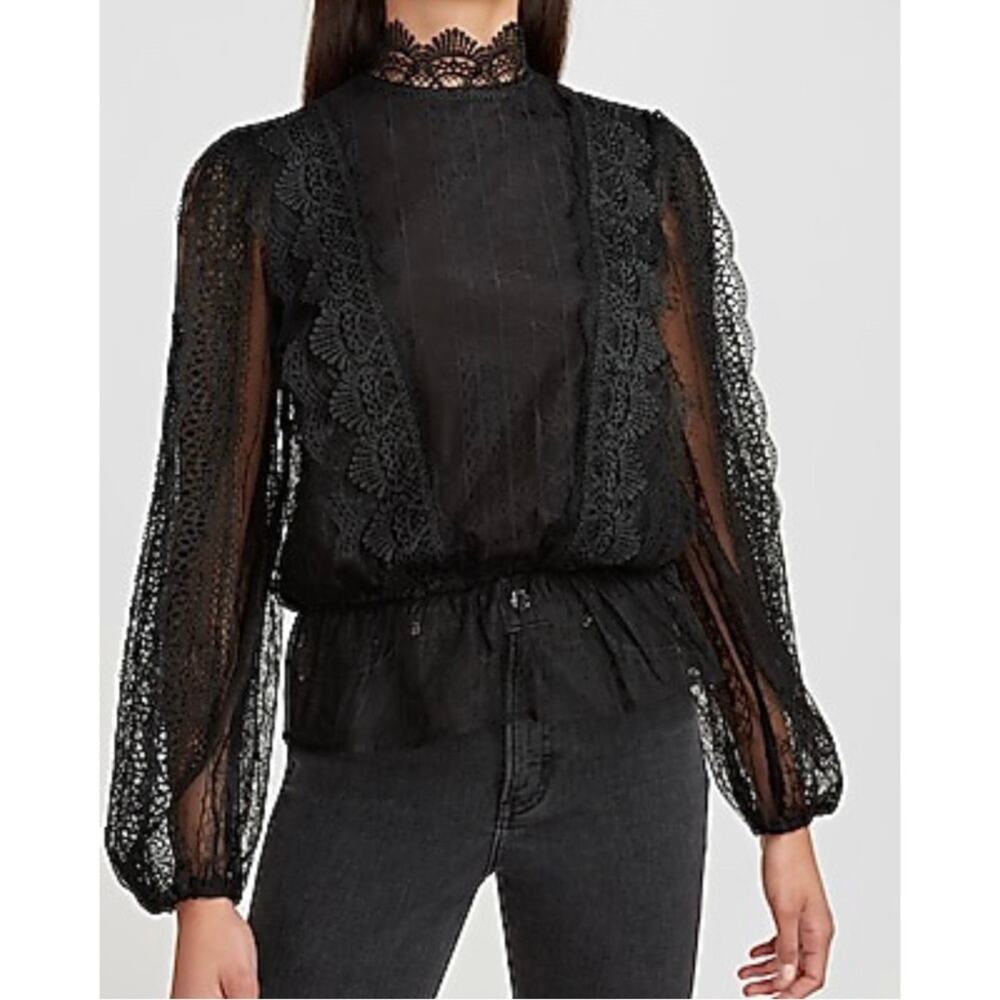 Express XS Black High Neck Long Sleeve Lace Top Whimsigoth Dark Romantic